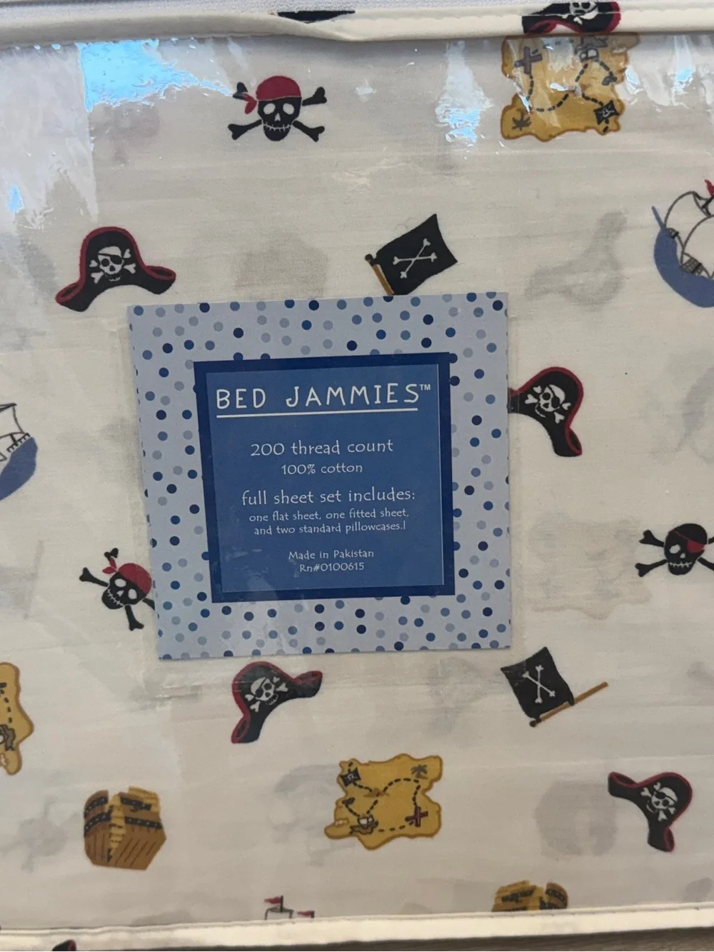 Bed Jammies Pirate Print Full Sheet Set - White with Red, Black, Yellow Accents